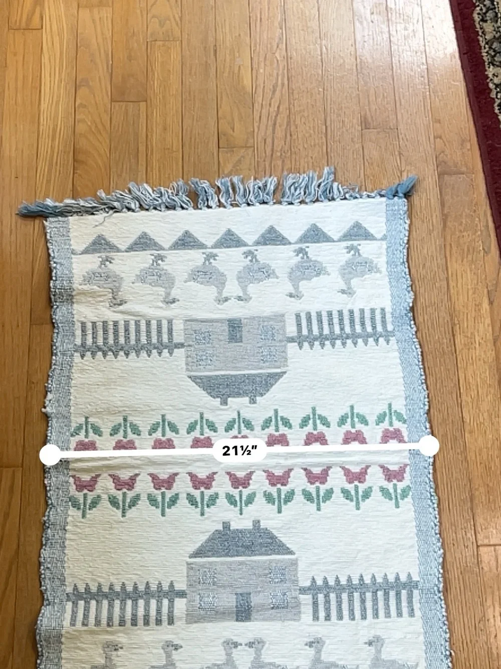Handwoven Farmhouse Throw Rug with House, Duck & Floral Motifs - Cream & Blue